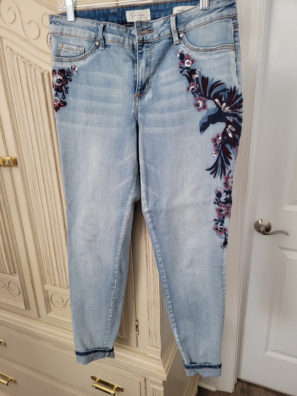 Jessica Simpson Light Blue Cropped Jeans with Navy & Pink Embroidery